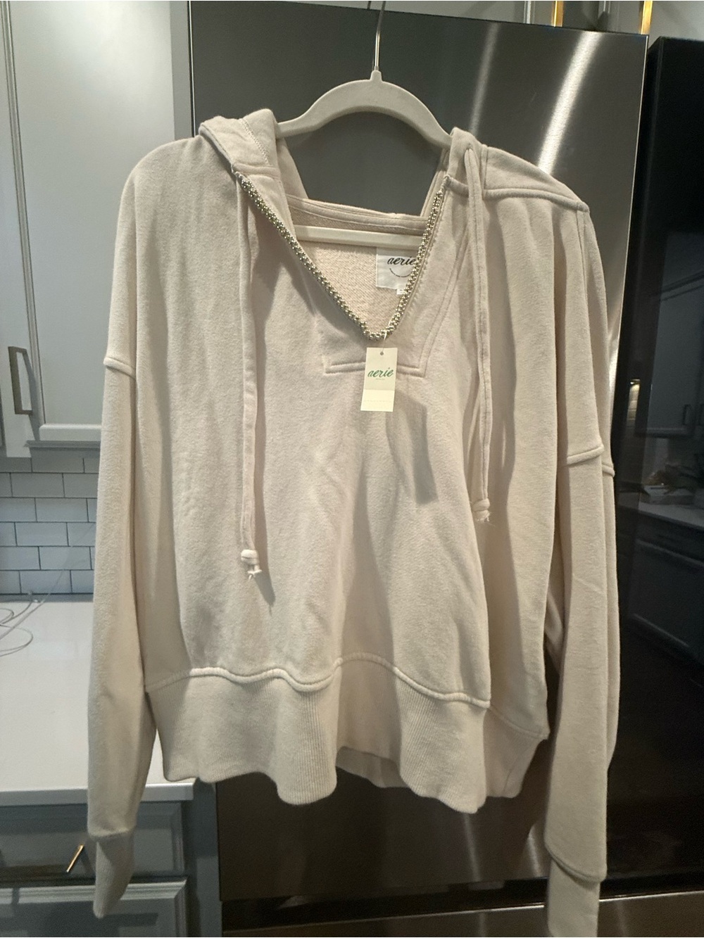 aerie Cream V-Neck Hooded Pullover Sweater